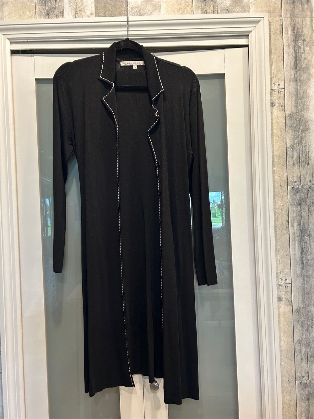 Max Studio Black Longline Open Cardigan with Contrast Stitching